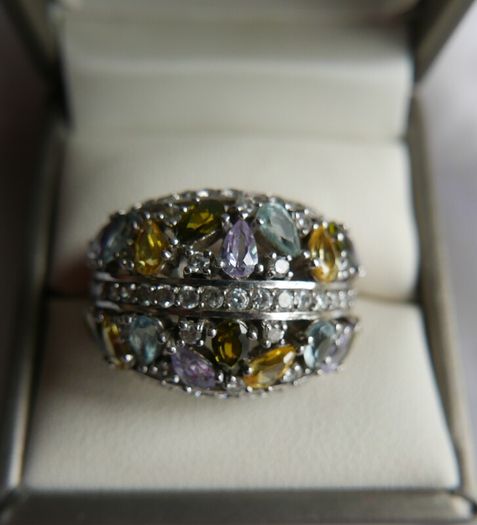 925 Silver Ring Pear Tourmaline Sapphire Natural Gemstone Jewelry Size P - 11,40g