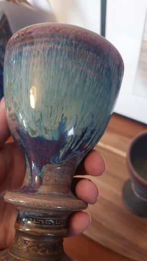 Wonderful Pair of Studio Art Pottery Goblets by Martin Branch Lyre Pottery, Cloncorban, Rossmore, Clonakilty, West Cork in a Fabulous Colourful Variegated Glaze. Pair Two