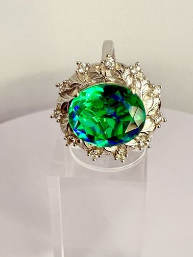 Peacock Triplet Quartz & White Zircon Ring
