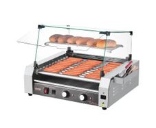 Hot Dog Roller, 30 Hot Dog 11 Rollers, Stainless Steel Sausage Grill Cooker, 2200W Commercial Hot Dog Machine with Dual Temp Control, Cover, Side Storage Box, Removable Shelf & Oil Drip Tray