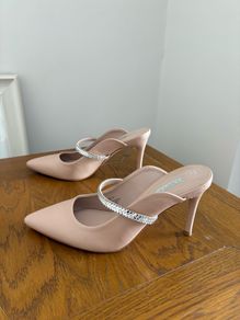 Nude Pointed Toe Mule Heels with Diamante Strap