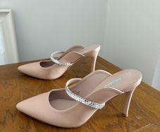 Nude Pointed Toe Mule Heels with Diamante Strap