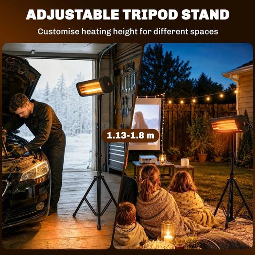 Electric Infrared Patio Heate IP65 2500 W with Tripod, 3 Heat Settings, 24H Timer