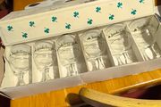 Vintage Set of 6 Gold Rimmed Irish Coffee Goblets in original box France clear glass green clover barware Shamrocks excellent condition .