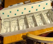Vintage Set of 6 Gold Rimmed Irish Coffee Goblets in original box France clear glass green clover barware Shamrocks excellent condition .
