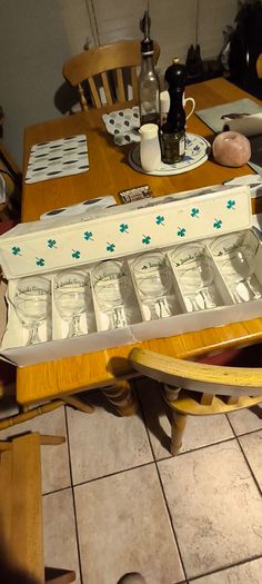 Vintage Set of 6 Gold Rimmed Irish Coffee Goblets in original box France clear glass green clover barware Shamrocks excellent condition .