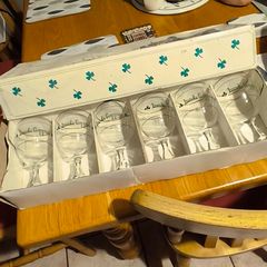 Vintage Set of 6 Gold Rimmed Irish Coffee Goblets in original box France clear glass green clover barware Shamrocks excellent condition .