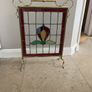 Vintage brass& leaded glass fire screen and brass accessories Image 6