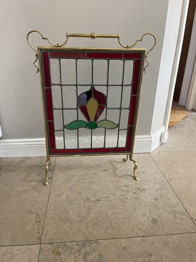 Vintage brass& leaded glass fire screen and brass accessories