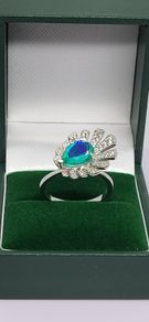 Sterling silver (Sz: O ans R) Peacock Triplet Quartz, White Zircon Fancy Ring in Rhodium Sterling Silver 2.59 Ct.