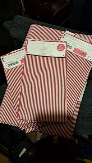 Cotton red & white stripe table cloth & napkins