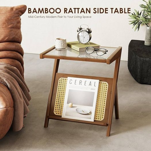 Rattan Side Table Boho NightStand Mid Century Modern End Table Glass Bedside Table Small End Tables Bamboo Coffee Table with Storage Record Player Stand for Living Room Bedroom