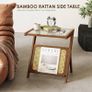 Rattan Side Table Boho NightStand Mid Century Modern End Table Glass Bedside Table Small End Tables Bamboo Coffee Table with Storage Record Player Stand for Living Room Bedroom Image 5