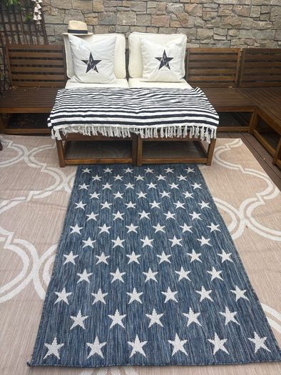 Ex display 100cm x 158cm distressed french navy and off white outdoor/indoor star rug