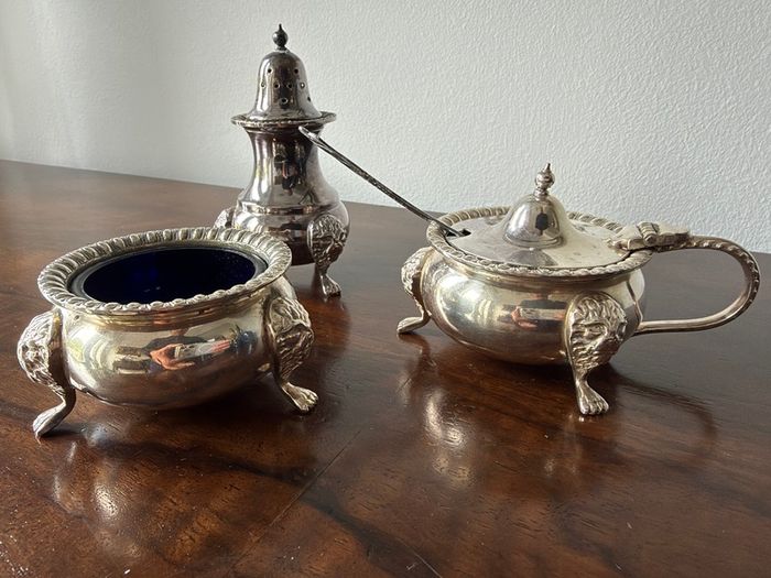 Vintage 3-Piece Cruet Set with Cobalt Blue Glass