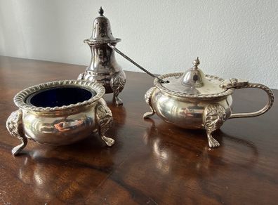 Vintage 3-Piece Cruet Set with Cobalt Blue Glass