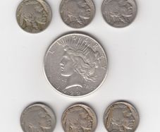 U.S 1922 .Peace Dollar 90% silver coin, & 6 Indian head / buffalo nickels( five cent ) (no 405)