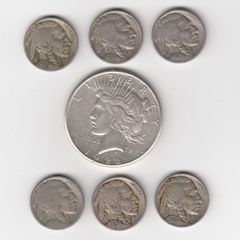 U.S 1922 .Peace Dollar 90% silver coin, & 6 Indian head / buffalo nickels( five cent ) (no 405)