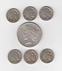 U.S 1922 .Peace Dollar 90% silver coin, & 6 Indian head / buffalo nickels( five cent ) (no 405)