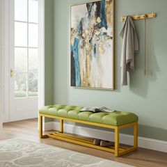 Metal-Framed Bench 140x40cm Green Eco Leather / Gold Frame