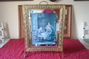 Antique Art Deco 26 Inches Tall Solid Brass Fireplace Screen With Framed Antique Print And Mirror