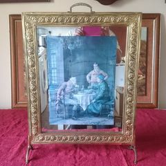 Antique Art Deco 26 Inches Tall Solid Brass Fireplace Screen With Framed Antique Print And Mirror
