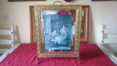 Antique Art Deco 26 Inches Tall Solid Brass Fireplace Screen With Framed Antique Print And Mirror