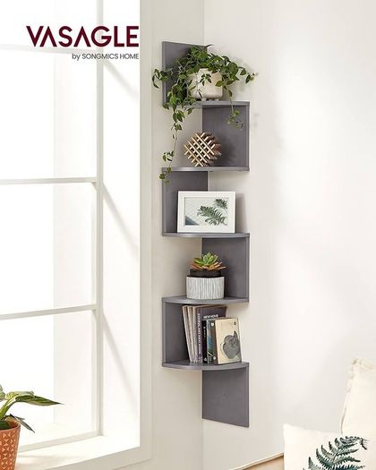 FREE P&P Corner Shelf, 5-Tier Floating Wall Shelf with Zigzag Design, Bookshelf, Grey