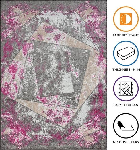 Living Room RUG - Short Pile, Bordered, Soft, Area Carpet for Bedroom & Home Decoration, Square Pattern Rugs, Contemporary, Small to Extra Large (Grey_Pink, 80 x 150 cm)