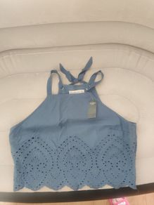 BNWT Abercrombie & Fitch Women Tank Top Blue High Neck Eyelet Cotton Blouse Cropped size XL UK14 EU42 Postage included