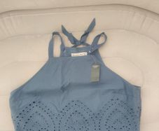 BNWT Abercrombie & Fitch Women Tank Top Blue High Neck Eyelet Cotton Blouse Cropped size XL UK14 EU42 Postage included