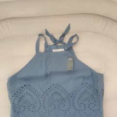 BNWT Abercrombie & Fitch Women Tank Top Blue High Neck Eyelet Cotton Blouse Cropped size XL UK14 EU42 Postage included