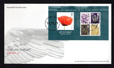 2008 Great Britain The 90th Anniversary of the End of WWI Commemorative Stamps Miniature Sheet First Day Cover (FDC)