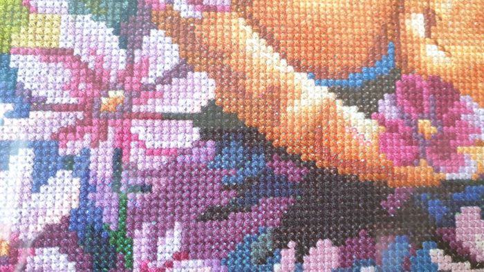 Stunning Handmade Cross Stitch Embroidery - Cats in flowers