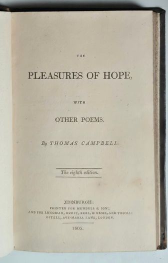 The Pleasures of Hope, with Other Poems. 1805. Thomas Campbell. Rare antique book, full leather.