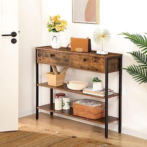 Console Table, Hallway Table with 2 Drawers and 2 Shelves, Sofa Table with Sturdy Metal Frame, for Entrance, Hallway, Living Room, Vintage Brown/Black