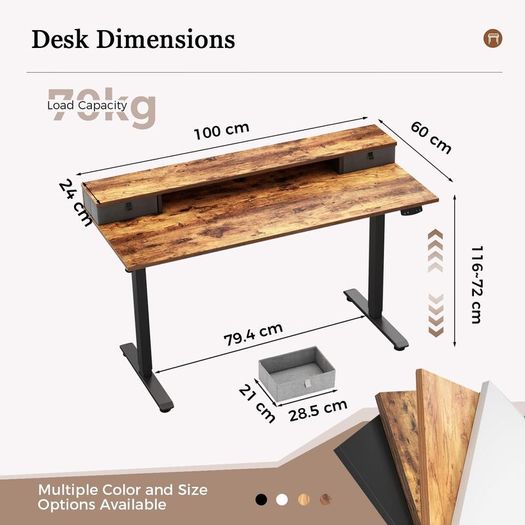 Height-Adjustable Desk with Double Drawers Electric Sit-Stand Computer Ergonomic Standing 100 x 60 cm Brown