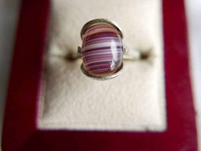 Vintage Sterling Silver 925 Purple Striped Agate Ring size P - 2,82g