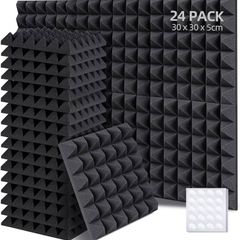 Acoustic Foam Panels 24 Pack with Double Sided Tape, 2" X 12" X 12" Acoustic Foam Sound Absorption Pyramid Studio Treatment Wall Panels, Soundproofing Foam Tiles for Studios