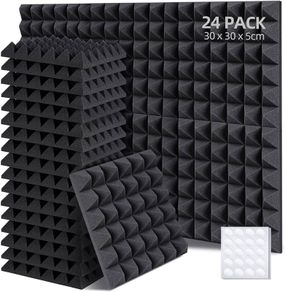 Acoustic Foam Panels 24 Pack with Double Sided Tape, 2" X 12" X 12" Acoustic Foam Sound Absorption Pyramid Studio Treatment Wall Panels, Soundproofing Foam Tiles for Studios