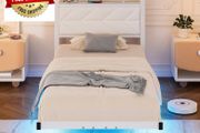 ingle Floating Upholstered Bed Frame with Storage Headboard, White Metal Bed Frame with LED Lights and Charging Station, Heavy Duty Metal Slat Support, Noise Free, No Box Spring Needed