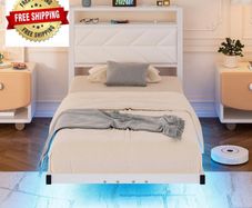 ingle Floating Upholstered Bed Frame with Storage Headboard, White Metal Bed Frame with LED Lights and Charging Station, Heavy Duty Metal Slat Support, Noise Free, No Box Spring Needed