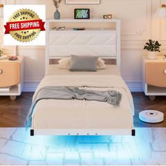 ingle Floating Upholstered Bed Frame with Storage Headboard, White Metal Bed Frame with LED Lights and Charging Station, Heavy Duty Metal Slat Support, Noise Free, No Box Spring Needed