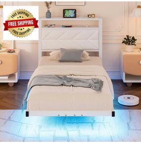 ingle Floating Upholstered Bed Frame with Storage Headboard, White Metal Bed Frame with LED Lights and Charging Station, Heavy Duty Metal Slat Support, Noise Free, No Box Spring Needed