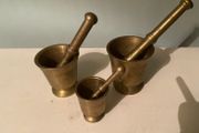 Reduced Trio of vintage heavy Brass mortar and Pestle