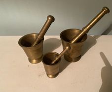 Trio of vintage heavy Brass mortar and Pestle