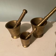 Trio of vintage heavy Brass mortar and Pestle