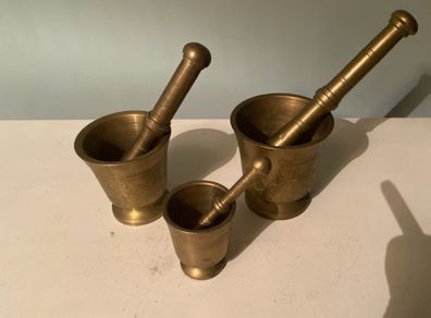 Trio of vintage heavy Brass mortar and Pestle