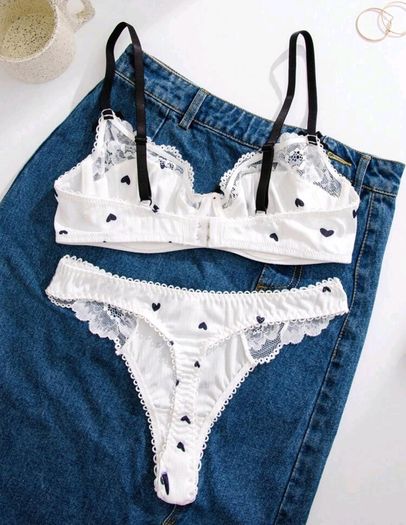 White Lingerie Set with Black Hearts & Bows Size M