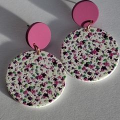 Matte Pink Round Stud Pink Blossom Polymer Clay Earrings